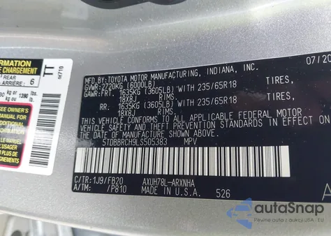 2020 Toyota Highlander Hybrid Le z USA, uszkodzony, nr VIN 5TDBBRCH9LS505383